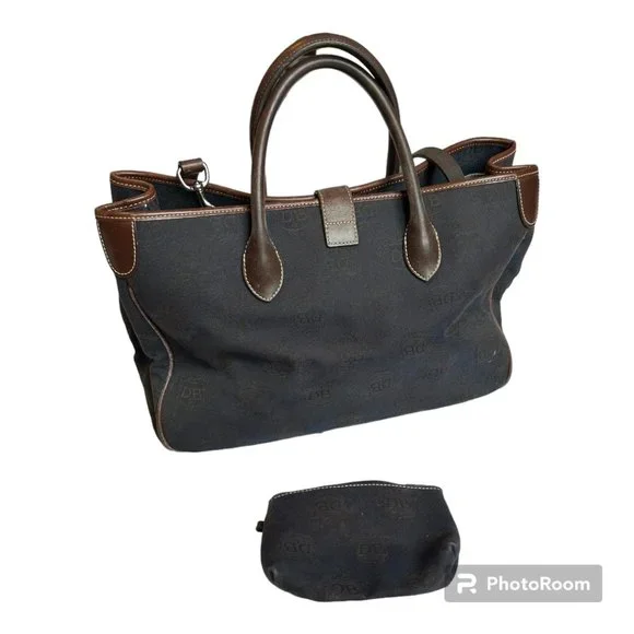 VINTAGE Dooney & Bourke Navy and Brown Leather Tote with Matching Makeup Bag - Picture 3 of 3
